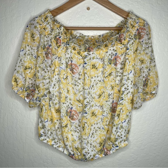 Joie Women's Yellow Floral Smocked Off Shoulder Chiffon Top M Cottagecore Boho - Picture 1 of 9
